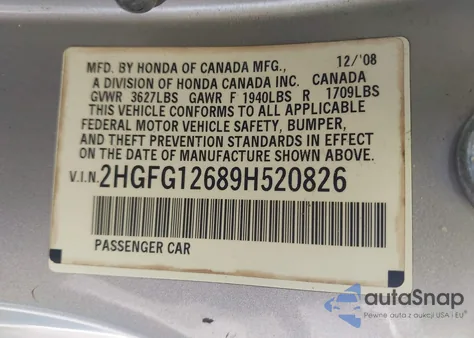 2009 Honda Civic Lx from USA, damaged, VIN 2HGFG12689H520826